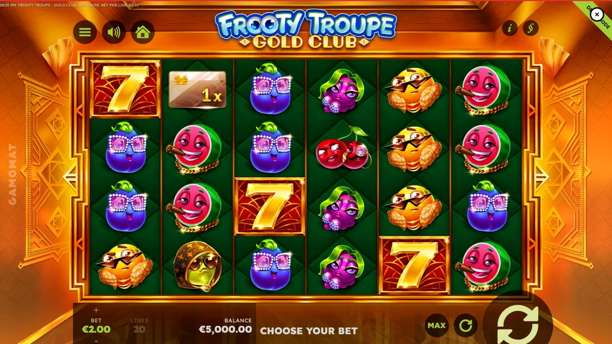 Tampilan visual mewah dari slot Frooty Troupe – Gold Club dengan nuansa emas dan simbol buah.